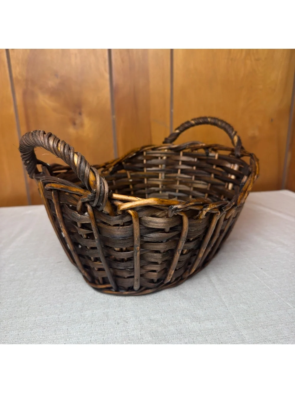 Vintage Rustic Wicker Gathering Basket Primitive Farmhouse Basket With Handles